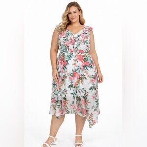 Lane Bryant White Tropical Floral Ruffle Neck Dress 20 Handkerchief Hem Island